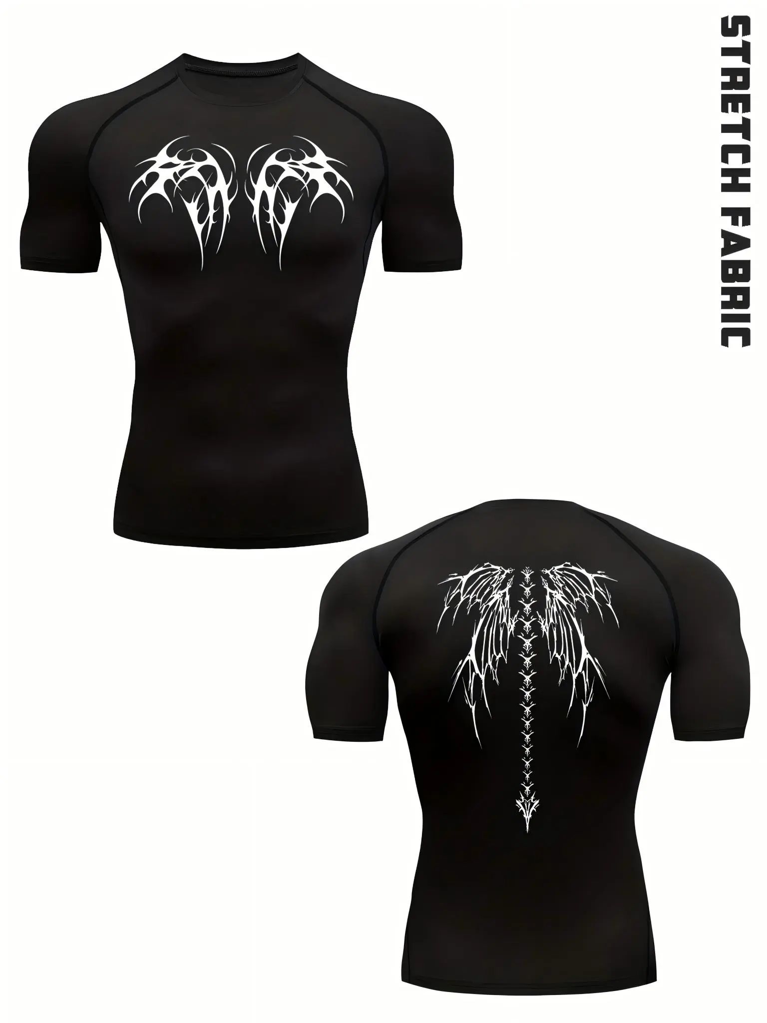 1-Piece Men's Black Compression T-Shirt with White Chest Emblem and Back Wing Spine Print - High Elasticity Stretch Fabric for Gym, Running, Training.