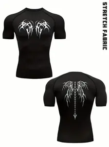 1-Piece Men's Black Compression T-Shirt with White Chest Emblem and Back Wing Spine Print - High Elasticity Stretch Fabric for Gym, Running, Training.