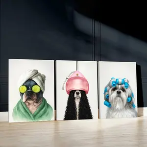 3pcs hilarious dog Wall Art, quirky grooming Poster, playful humor Art Prints, charming style Home Decor, Art Wall Decoration, Modern Wall Paintings, Canvas Posters Wall Arts, Decor for Living Room, Housewarming Gift, With Frame