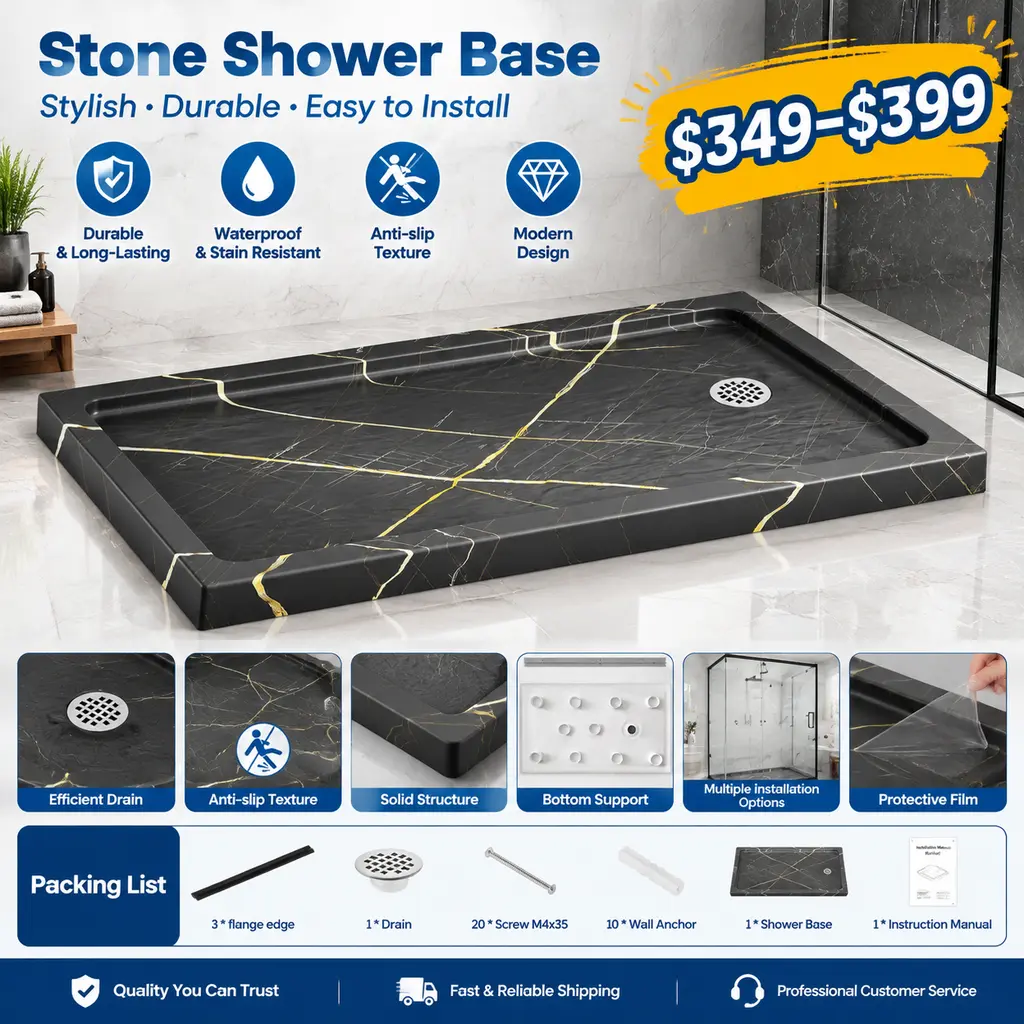 Black Gold Rectangular Stone-Look Acrylic-ABS Bathroom Shower Base, CUPC Certified, 4-In Square Center Drain Design, 48"-60"Lx32"-36"W, 3-Sided Non-Integrated Flange, Modern, Multi-Size, Easy Installation for Home Makeover