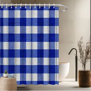 1pc Plaid Pattern Bath Curtain-2D Flat Blue and White Plaid Classic Design Print Modern Home Bathroom Decor 70.8x70.8 inches