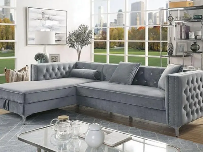 CM6652GY 2 pc Rosdorf park marlon amie gray tufted flannelette sectional sofa with pop up storage chaise