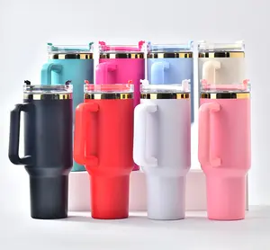 16 Pack H1.0 40oz Powder Coated Gold Plated Tumbler Travel Mug with Copper Rim for Laser Engraving Drinkware Flasks Stainless Steel