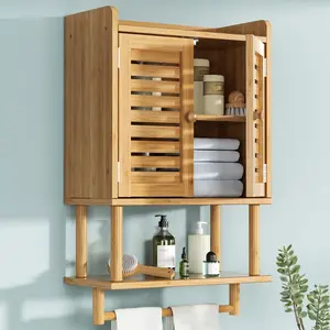 AmazerBath Bathroom Wall Cabinets, Bamboo Medicine Cabinets with Towel Bar, Wall Mounted Storage Cabinet with Adjustable Shelves, 2 Doors Over The Toilet Storage for Small Spaces