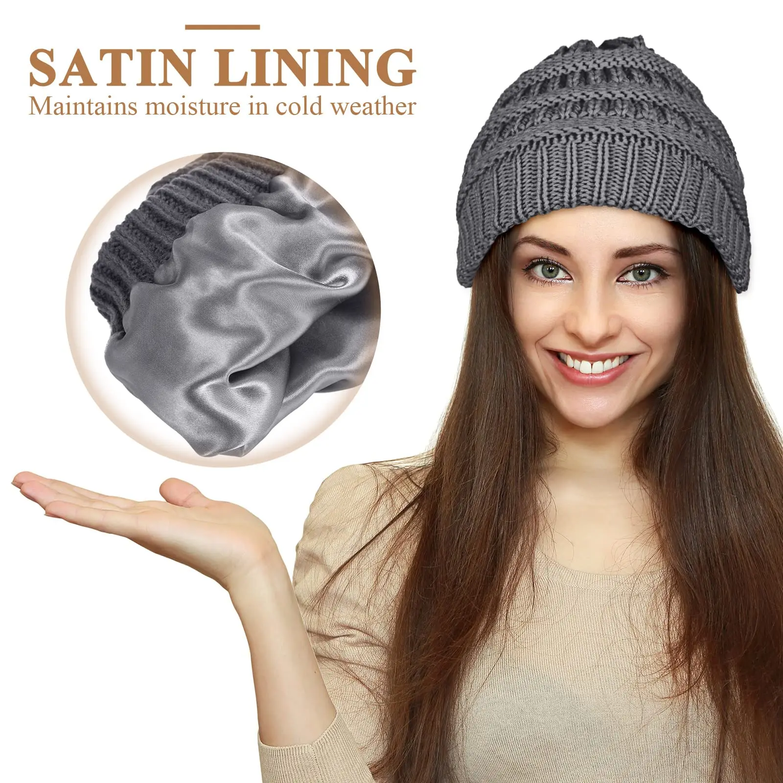 Satin Lined Winter Beanie Hat Women Slouchy Visor Brim Slouchy Satin Lined Hat Unisex Satin Lined Winter Hats  main image 2
