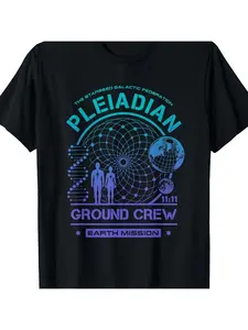 Pleiadian Ground Crew Earth Mission T Shirt Starseed Galactic Federation 11 11 DNA Spiral Globe Design Black ShirtMen's Casual Short Sleeve Crew Neck T Shirt Medium Stretch Breathable Fabric Machine Washable Spring Summer Top Casual Attire Playful