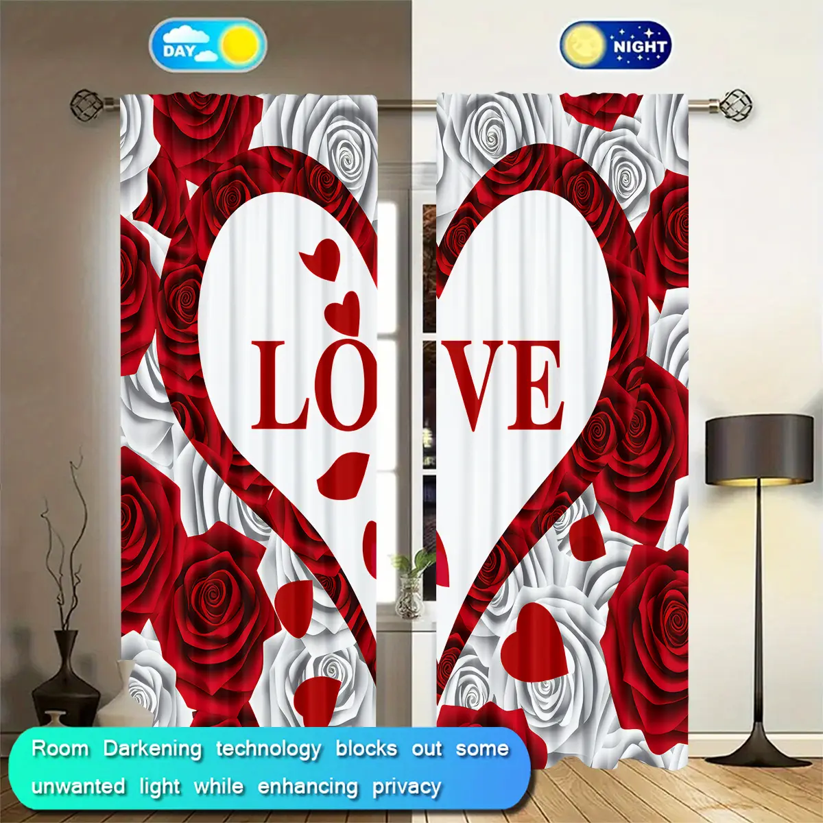 2-piece set of Love Rose LOVE digital printed curtains, Curtain for windows, Room Decor Curtain, made of semi transparent polyester fiber, with a pole bag design, suitable for home decoration, preferred for Valentine's Day