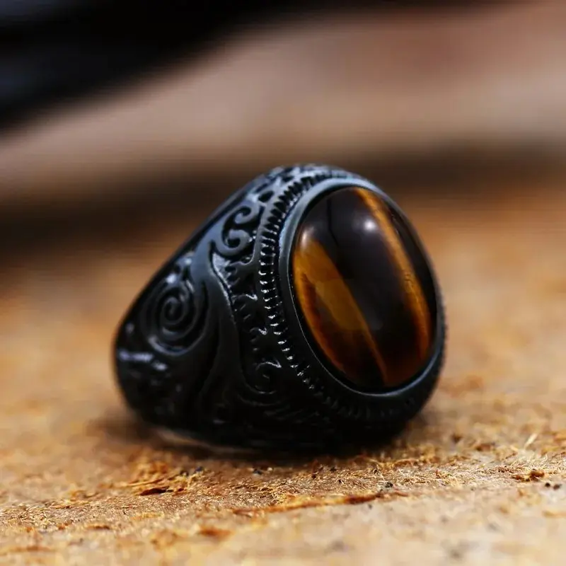 Vintage Handmade Turkish Black Zircon Rings - Men's Stainless Steel Tiger Eye Stone Rings, Classic Wedding Engagement Costume Jewelry, Sizes 7-12, All Seasons