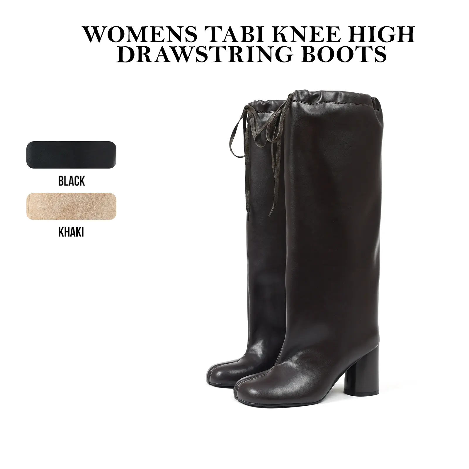 CYNLLIO Womens Tabi Knee High Drawstring Boots Split Round Toe Chunky Block Heel Pull On Fashionable Comfy Elegant Office Working Party Outing Night Club Holiday Travel Casual Retro Daily Dress Summer Boot