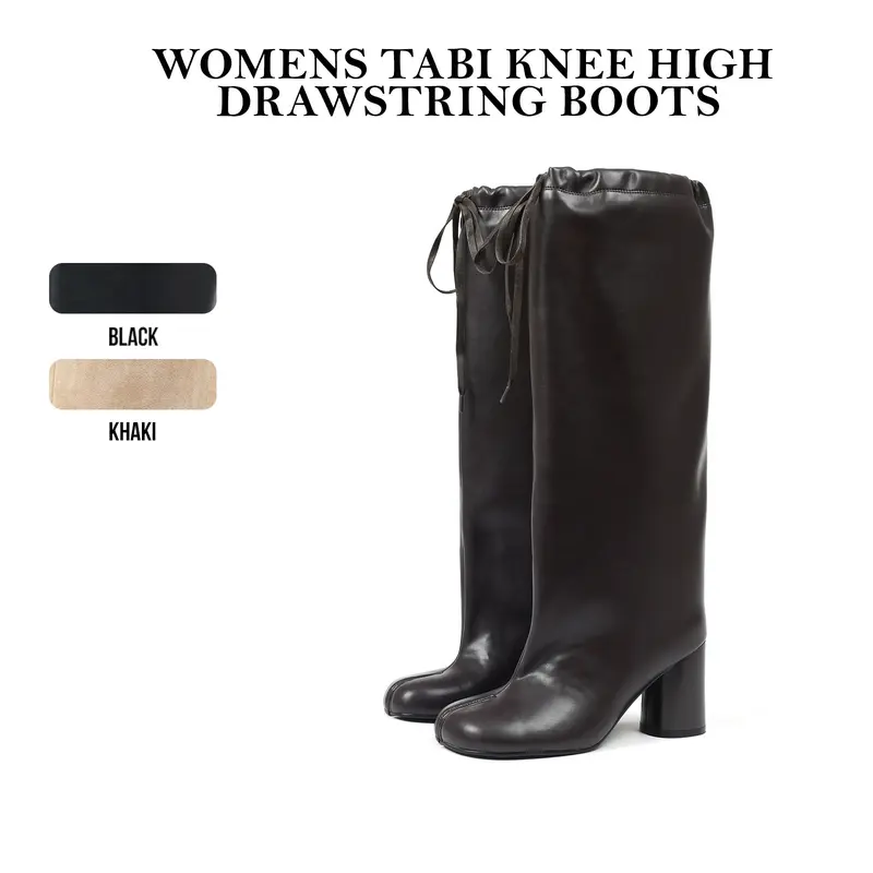 CYNLLIO Womens Tabi Knee High Drawstring Boots Split Round Toe Chunky Block Heel Pull On Fashionable Comfy Elegant Office Working Party Outing Night Club Holiday Travel Casual Retro Daily Dress Fall Boot