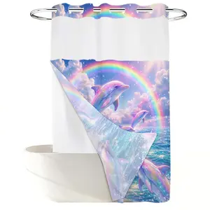 1PC 2D Flat Healing Rainbow Dolphin Pod Shower Curtain, Dreamy Starry Sky Aurora Design, Waterproof Detachable Liner Bathroom Curtain (No Hooks)