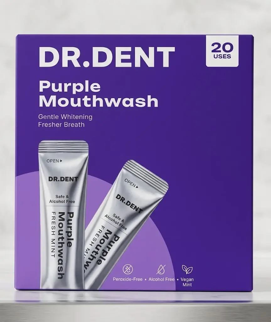 DR.DENT Purple Teeth Whitening Mouthwash Packets (20 Count) - Alcohol-Free Travel Mouthwash Sachets for Fresh Breath & Sensitive Teeth