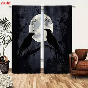 2D Flat Halloween Gothic Curtain 2-Piece Set, Spooky Night Moon Crow Tree Printed Bedroom Living Room Blackout Drapes, Dark Eerie Forest Theme Window Curtains for Spooky Ambiance Decoration