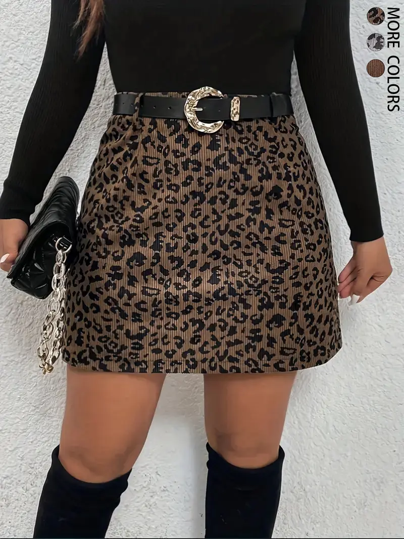Women's Comfortable Casual Leopard Print Corduroy Fitted Medium Thick Mini Skirt, Fall/Winter