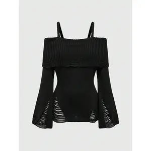 Women's Cold Shoulder Ripped Sweater Goth Punk Long Sleeve Fitted Jumper Pullovers