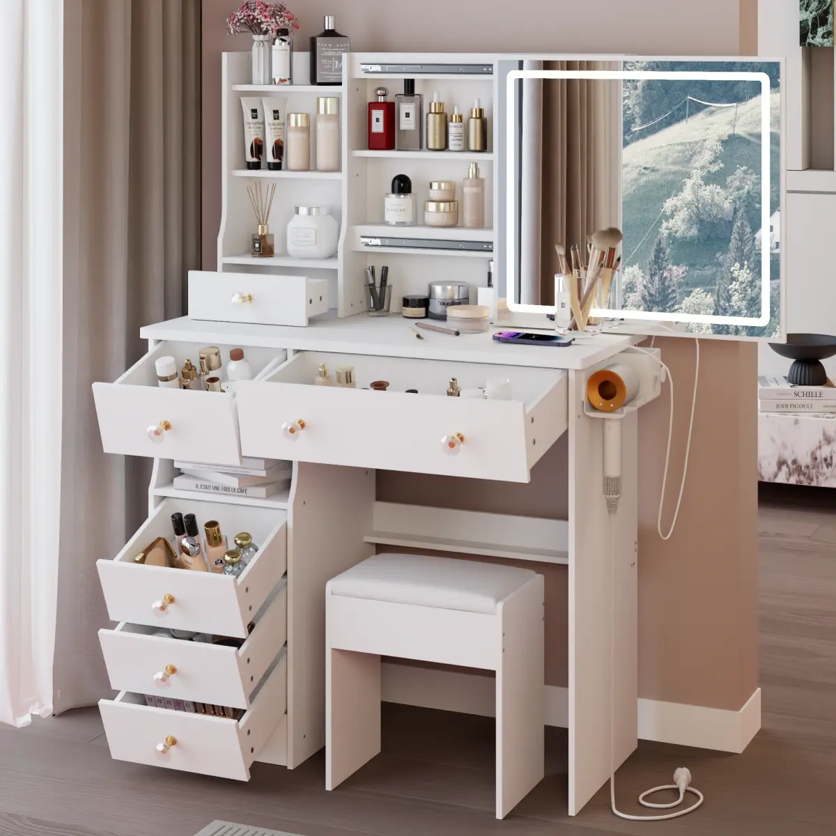 37" Vanity Desk Set with Sliding Lighted Mirror, Makeup Vanity Table with Power Station & Hair Dryer Stand, Dressing Table with Drawers & Cushioned Stool, High Capacity Storage Fashionable Makeup Dressing Set, EPA, GCC, UL Certificate, White