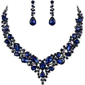 Women'S Wedding Bridal Austrian Crystal Teardrop Cluster Statement Necklace Dangle Earrings Jewelry Set