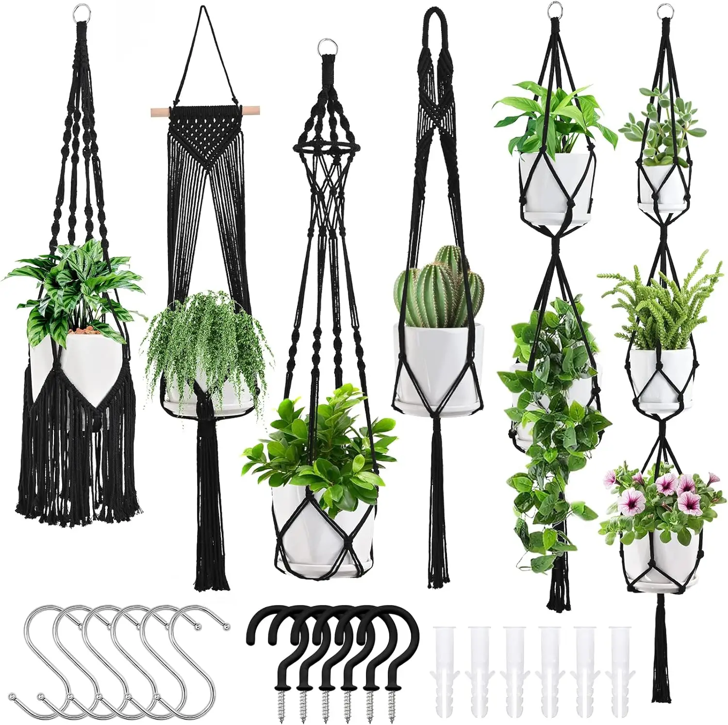 Macrame Plant Hangers, 6Pack Hanging Planters for Indoor Plants w/ 6 Set Hangers Kit Handmade Macromay Plant Hangers Indoor Flower Pots Holder Stand f