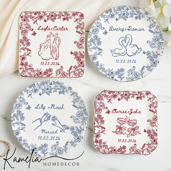 Personalized Engagement Ring Dish, Custom Couple Name Trinket Dish, Floral Wedding Ring Holder, Bridal Shower Gift, Keepsake Plate