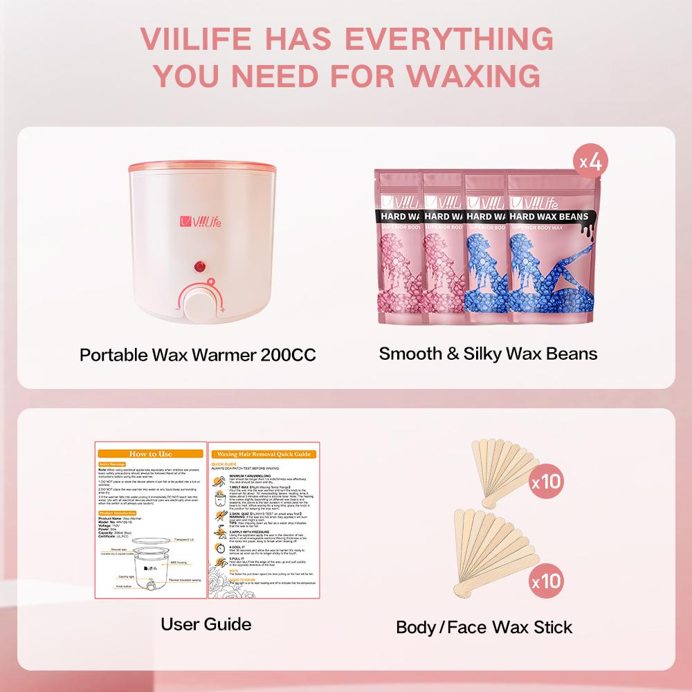 Mother's Day New Arrival - Viilife Hard Wax Hair Removal Kit (with Adjustable Temperature Control) - Includes 20 application wands - Suitable for full-body hair removal; enriched with various plant extracts, specially formulated for sensitive skin.