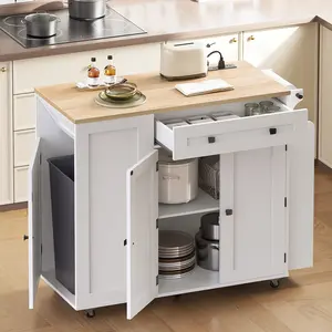 YATINEY Kitchen Island with Storage, Mobile Rolling Cart with Trash Can Storage, Kitchen Island on Wheels, Rolling Island Table with Charging Station, Paper Holder, for Kitchen #SpringSale #BigSpringSale