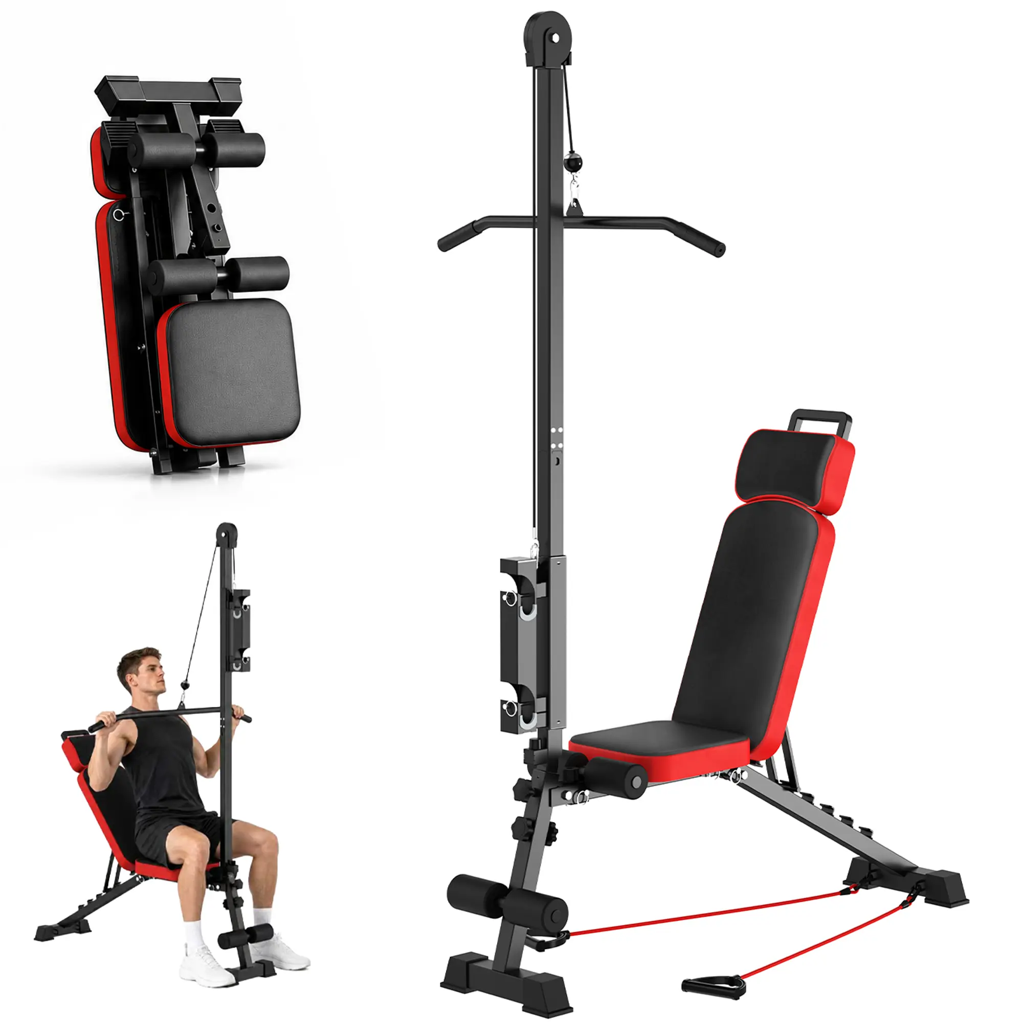 Adjustable Weight Bench with Pulley System and Resistance Bands, Steel Frame Home Gym Exercise Bench for Full Body Workout, Compact Fitness Bench with Leg Support, Black