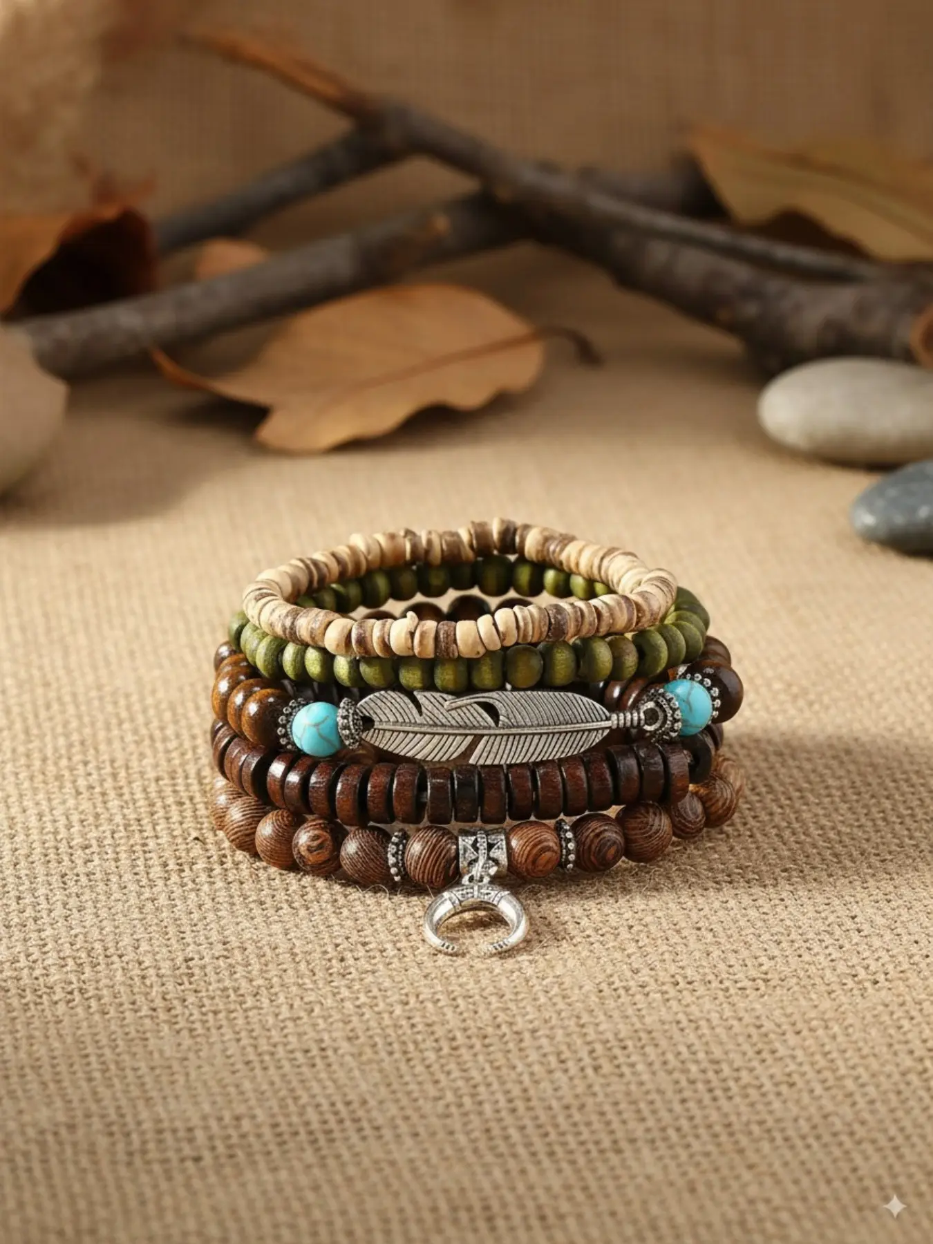5-Piece Boho Style Layered Bracelet Set, Simple Fashion Wooden Bead Bracelets, Feather Design Jewelry Gift for Girlfriend Boyfriend Holiday Christmas, Beaded Bracelets, Fashionable Jewelry, Beaded Bracelet Sets