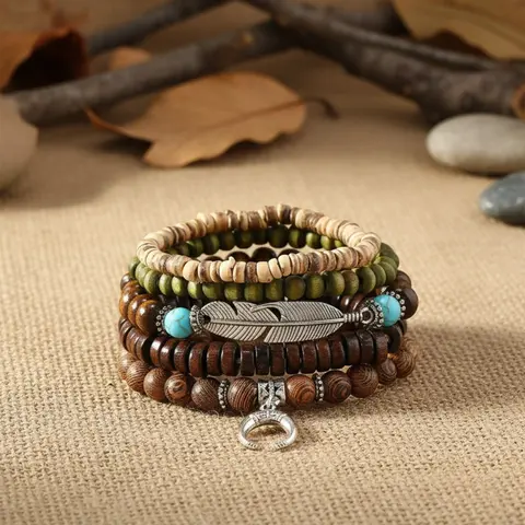5-Piece Boho Style Layered Bracelet Set, Bohemian Bracelets, Simple Fashion Wooden Bead Bracelets, Feather Design Jewelry Gift for Girlfriend Boyfriend Holiday Christmas, Beaded Bracelets, Fashionable Jewelry