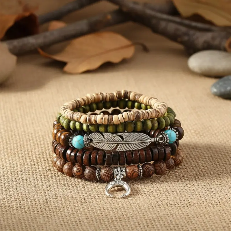 5-Piece Boho Style Layered Bracelet Set, Bohemian Bracelets, Simple Fashion Wooden Bead Bracelets, Feather Design Jewelry Gift for Girlfriend Boyfriend Holiday Christmas, Beaded Bracelets, Fashionable Jewelry