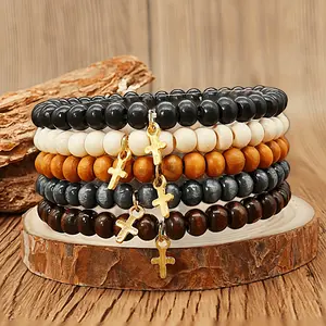 [5-Piece Natural Wood Bead Cross Multi-Layer Bracelet] Bohemian Style Layered Jewelry Essential for Travel and Vacation, Unisex Accessory