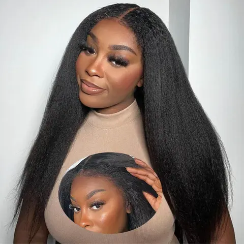 Kinky Straight Invisible-String Snug Fit 360 Full Lace Pre Plucked & Bleached HD Lace Glueless Wigs
