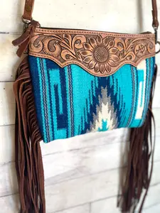Sedona Blue Grey Diamond Wool Leather Tooled Fringe Bag