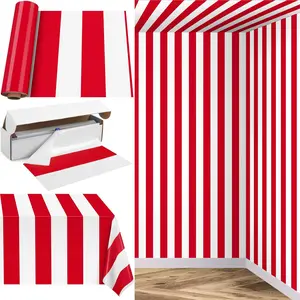 100 Ft x 54 Inch Red and White Striped Tablecloth Roll in Slide Cutter Box Disposable Carnival Circus Tent Party Supplies Backdrop Long Plastic Table Cover for Picnic Birthday Decor