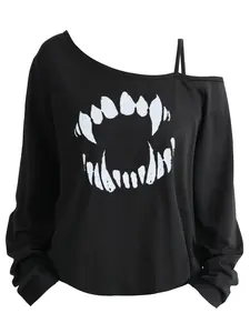 Plus Size Women's Casual Loose-Fit Long Sleeve Top, Asymmetrical Neckline Spaghetti Strap T-Shirt, Cartoon Print, All Seasons Wear