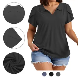 VOGARCE Plus-Size-Summer-Tops for Women Casual Collared V Neck Polo Shirts Business Tunics Trendy Petal Short Sleeve Blouses VPS0220