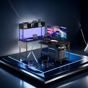 L Shaped Gaming Desk 67”, Reversible Computer Desks with Led Lights Corner Table with Keyboard Tray Side Bag Storage Shelf Metal Frame,Versatile Smart LED Lighting,Customizable L-Shape or 94.5" Straight Desk