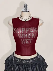 Plus Size Y2k Summer Black Mesh Sheer Sexy Rhinestone Glitter Women's Rhinestone Letter Mesh Backless Tight Camisole