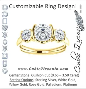 Cubic Zirconia Engagement Ring- The Lula (Customizable 3-stone Bezel Design with Cushion Cut Center and Round Cut Accents)