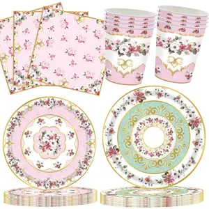 68-Piece Tea Party Decorative Tableware Set, Birthday Party/bachelorette/wedding Bachelor Party Supplies, Floral Dinner Plates & Napkins, 16-Person