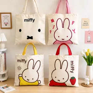 Kawaii Miffyi Bunny Embroidery Pattern Canvas Tote Bag | Cute Shopping Handbag Large Capacity Shoulder College Student Girl Gift