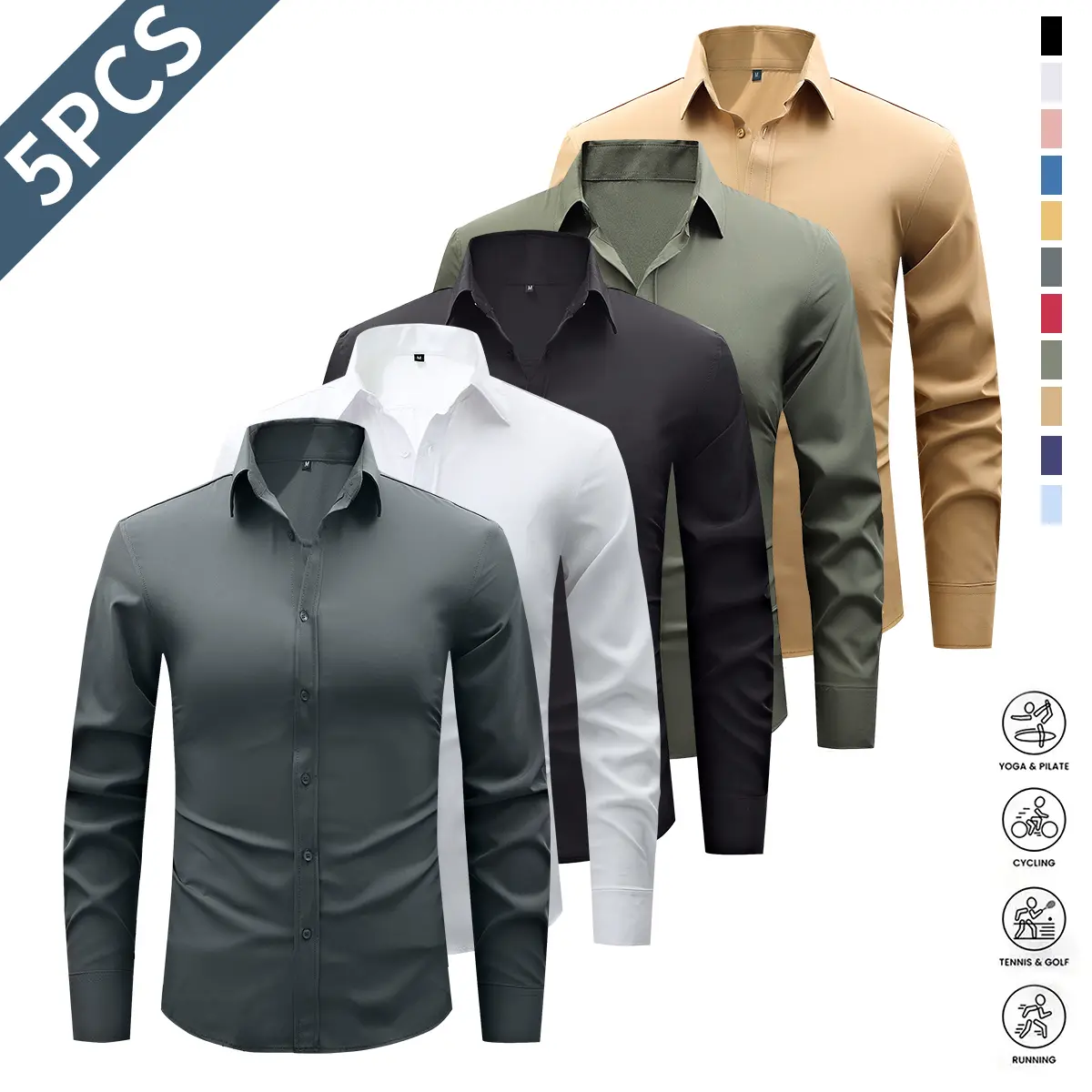 5 Pack Men's Dress Shirts - Wrinkle-Free Point Collar Long Sleeve Business Shirts, Solid Color Regular Fit H-Cut, Soft & Comfortable Fabric, Suitable for Work, Parties, Office 5 Pack Men's Dress Shirts - Wrinkle-Free Point Collar Long Sleeve Business Shirts, Solid Color Regular Fit H-Cut, Soft & Comfortable Fabric, Suitable for Work, Parties, Office