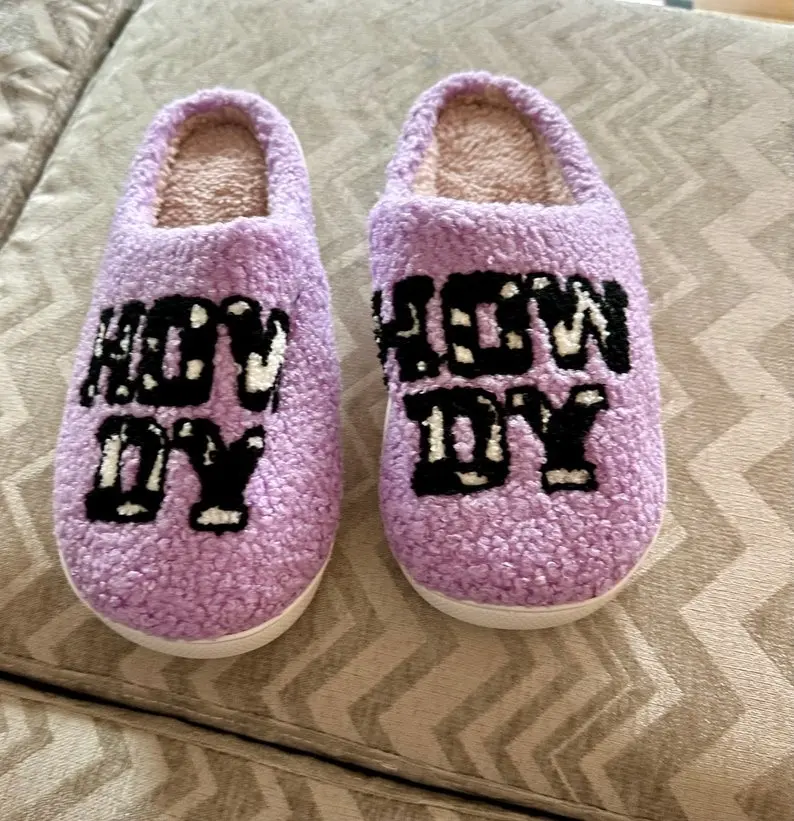 Western Slippers Cowgirl HOWDY Slippers Purple Cowprint Slip On House Shoes