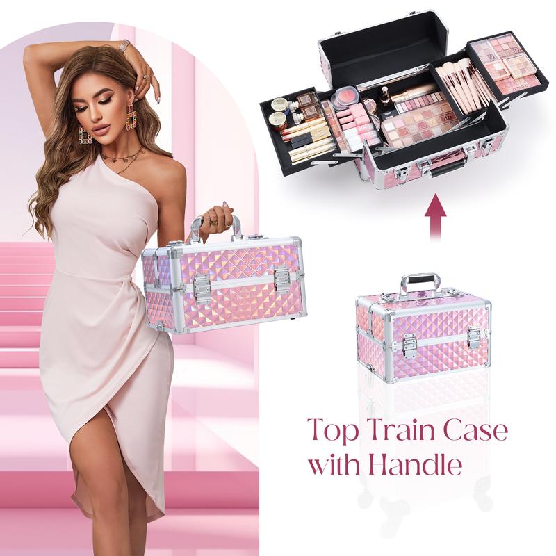 3 in 1 Rolling Makeup Train Case Large Cosmetic Trolley Salon Barber Case for Make Up Hairstylists Nail Tech Aluminum Makeup Trolley Case