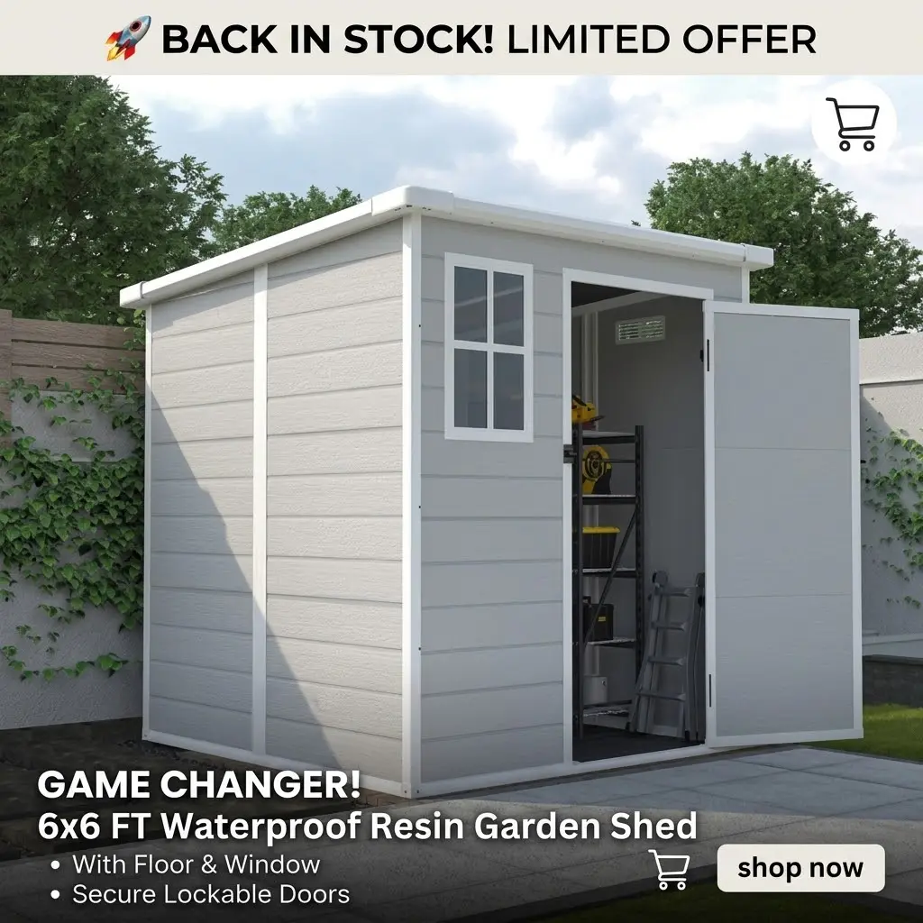 Outdoor Storage Shed 6x6 FT Waterproof Resin Garden Tool Shed with Floor and Window Lockable Doors for Backyard Lawn Bike Storage Weatherproof Outdoor Organization Solution for Home Improvement Modern Light Grey Utility Shed