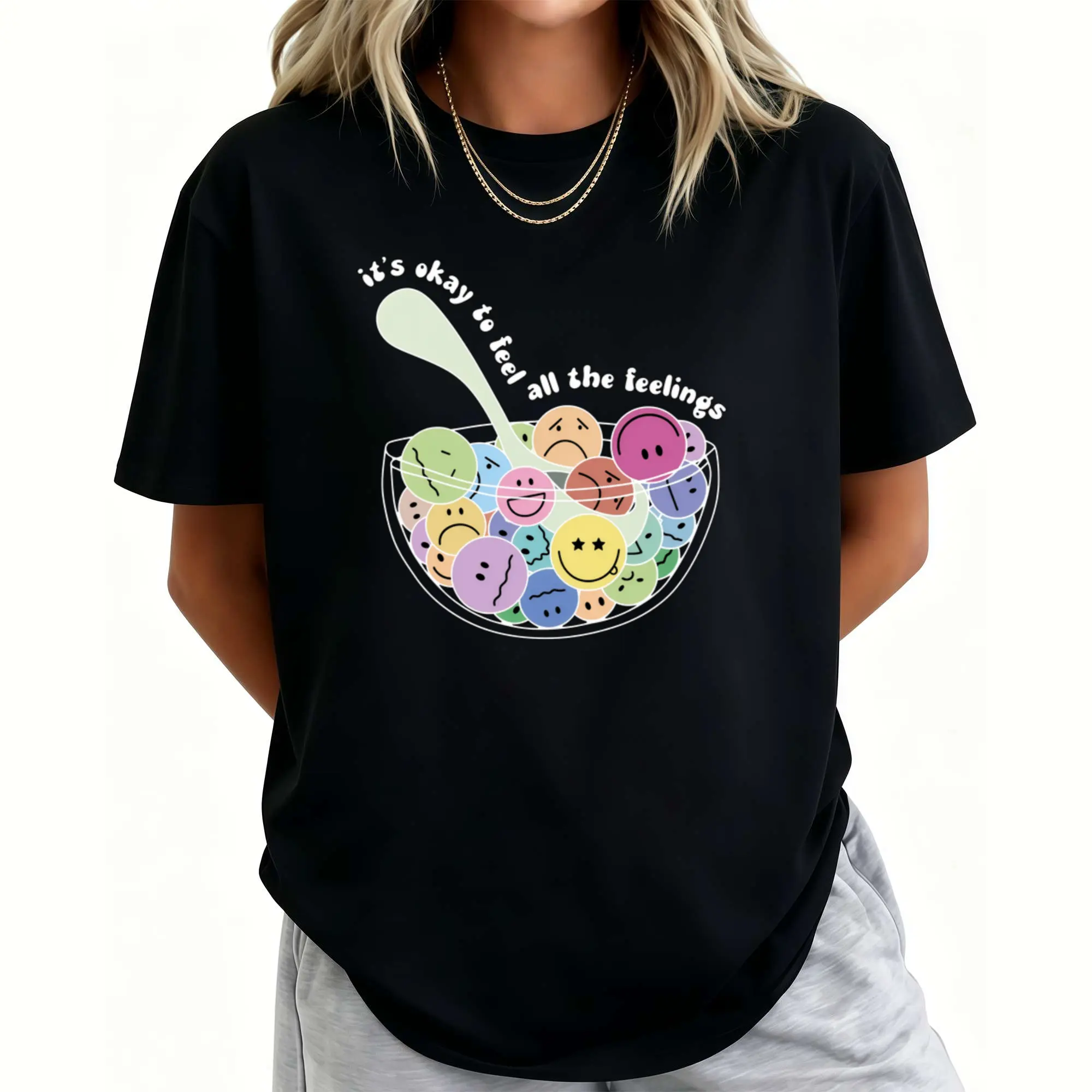 Oversized crew neck t shirt colorful mood face bowl spoon mental health quote graphic loose fit short sleeve women counselor daily wear tee