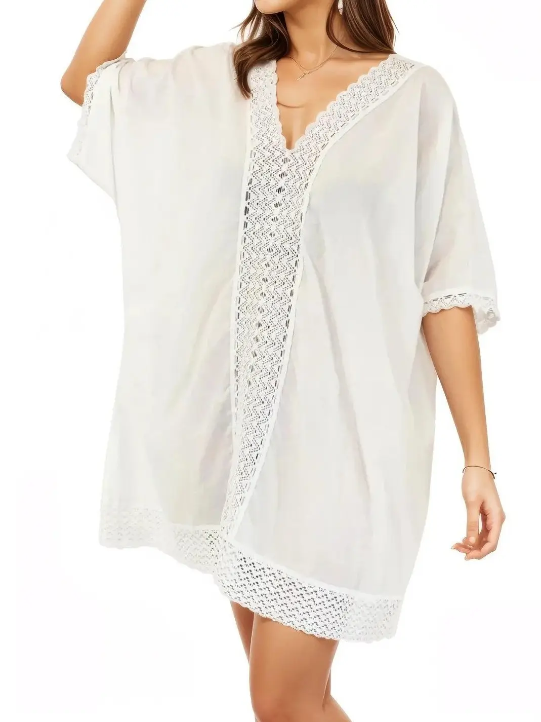 Chic White Cotton Kaftan Dress – Boho Loose Fit with Decorative Lace Neckline & Gathered Waist | One Size Fits Most