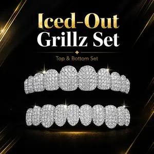 Iced Out Grillz Set for Men Women, Silver Tone Rhinestone Top & Bottom Teeth Grillz, Hip Hop Bling Mouth Jewelry, Sparkly Diamond Style Grillz for Party, Costume, Rapper Look & Streetwear Accessories