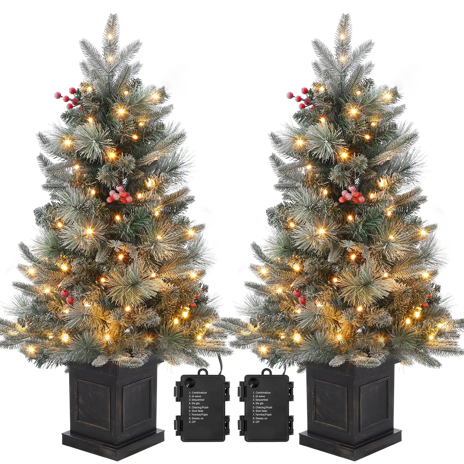 3FT Pre-Lit Christmas Tree with 78 LED Lights, Snowflakes & Red Berries - Artificial Tree with Black Base for Home, Office, Party Decor (2PCS)