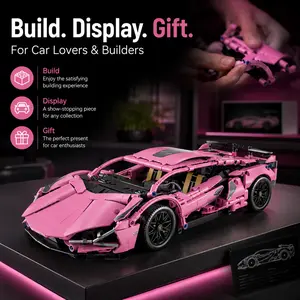 Pink Super Car Building Block Set, DIY Racing Model Kit, Mechanical Sports Car Model, Stress Relief Building Toy, Adult DIY Kit, Cute Collectible Display Model, Car Gift, Birthday Gift for Girls, Desk Decor Model