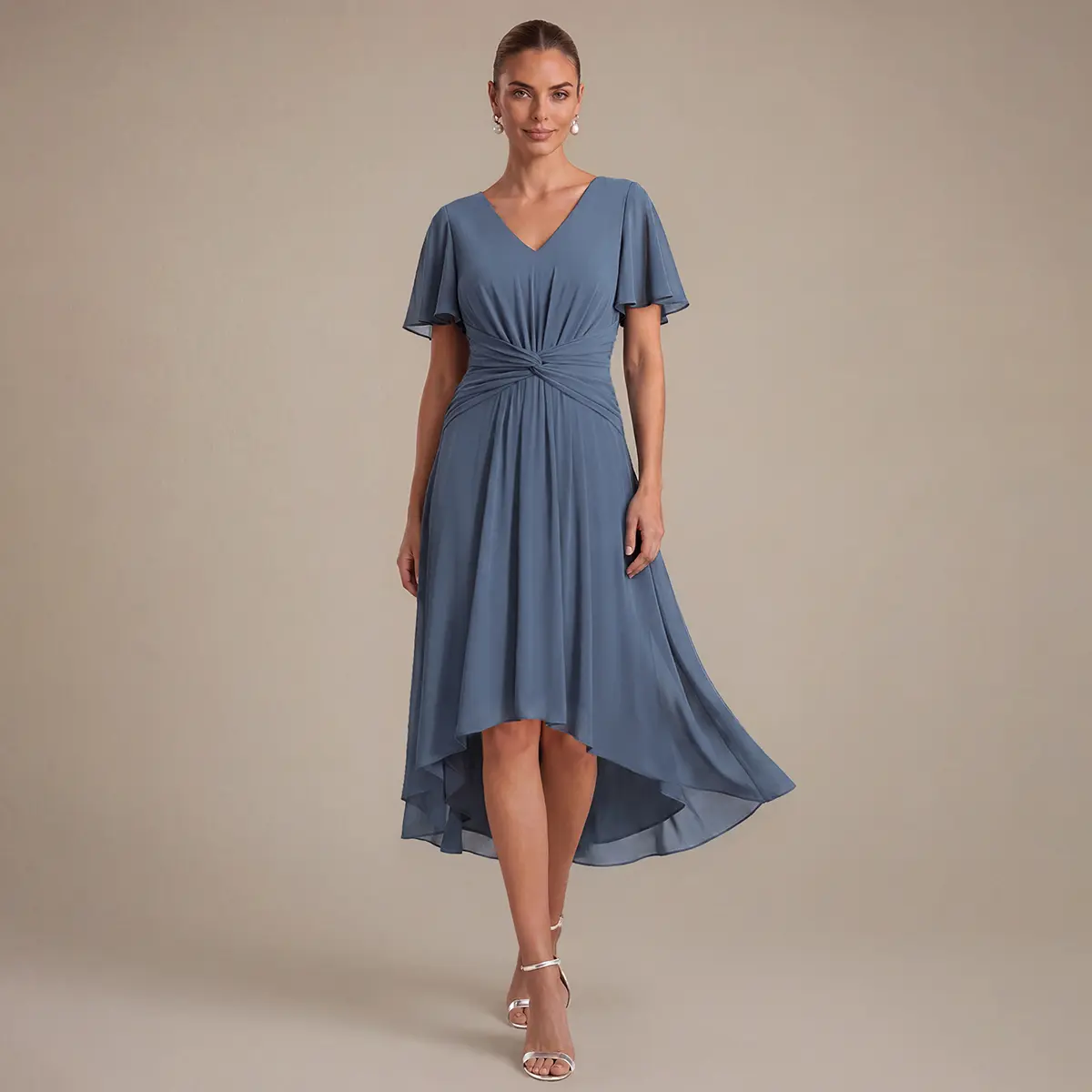 Ever-Pretty 2026 New Trend Knot Detail Chiffon Ruffle Sleeve Wedding Guest Dress – Flowy & Elegant with Flattering Fit for Garden Party & Date Night EG06396
